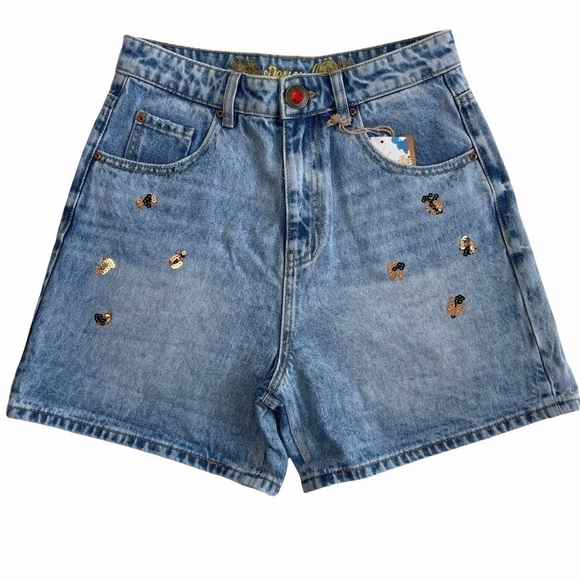 𝅺Desigual Women’s High Waisted Leopard Sequins Embellished Mom Denim Shorts 4 - Picture 3 of 10